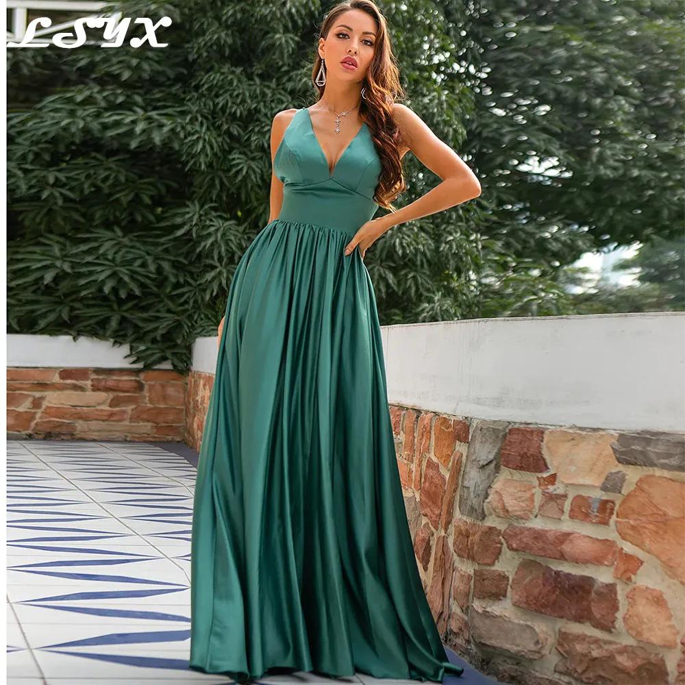 LSYX 우아한 녹색 V넥 무도회 드레스, 2023 섹시한 플리츠 스파게티 스트랩, 백리스 A 라인 스윕 트레인, 심플한 새틴 이브닝 가운